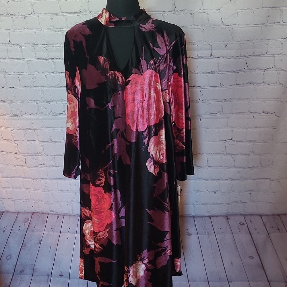 Black Purple Pink Floral Size 16 Crushed Velvet Long Sleeve Shift Dress